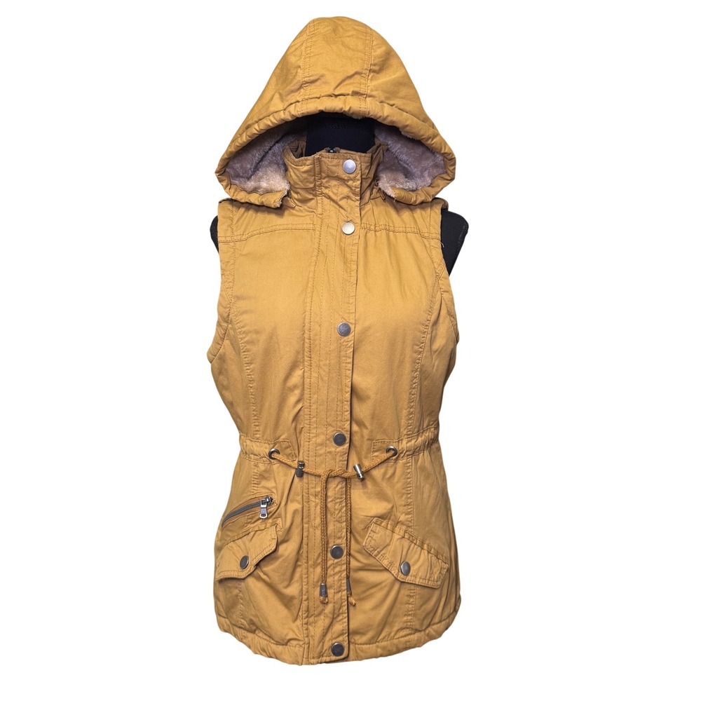 YMI‎ Collection Mustard Yellow Faux Fur Lined Utility Hooded Vest V1461 Womens M